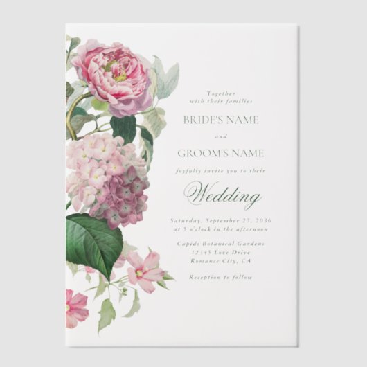 ロマンチックな水の色ピンクの花庭園の結婚式 ベラム紙招待状 (正面)