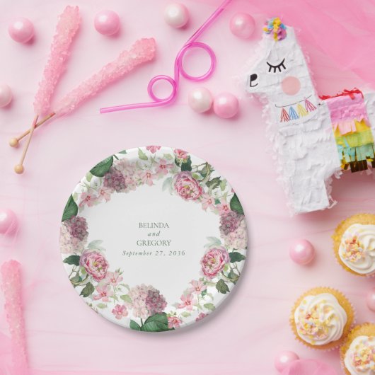 ロマンチックな水の色ピンクの花庭園の結婚式 ペーパープレート (パーティー)