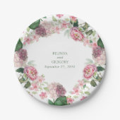 ロマンチックな水の色ピンクの花庭園の結婚式 ペーパープレート (正面)