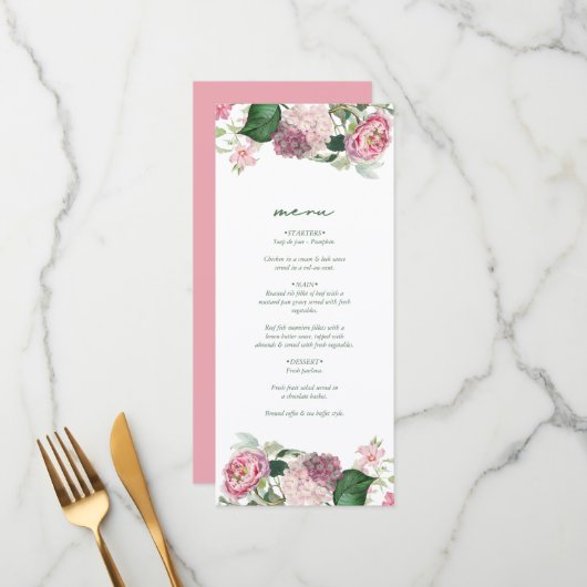 ロマンチックな水の色ピンクの花庭園の結婚式 メニュー (正面/裏面インサイチュ)