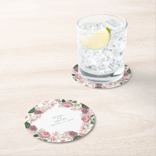 ロマンチックな水の色ピンクの花庭園の結婚式 ラウンドペーパーコースター (インサイチュ)
