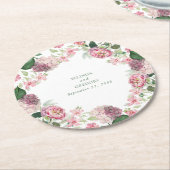 ロマンチックな水の色ピンクの花庭園の結婚式 ラウンドペーパーコースター (アングル)