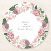 ロマンチックな水の色ピンクの花庭園の結婚式 ラウンドペーパーコースター (正面)