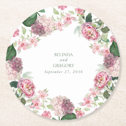 ロマンチックな水の色ピンクの花庭園の結婚式 ラウンドペーパーコースター (正面)