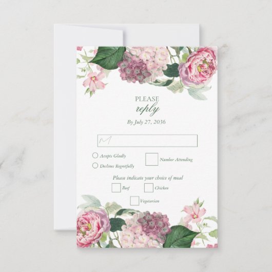 ロマンチックな水の色ピンクの花庭園の結婚式 出欠カード (正面)