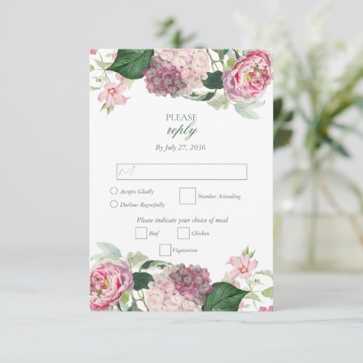 ロマンチックな水の色ピンクの花庭園の結婚式 出欠カード (スタンド正面)
