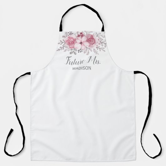 ロマンチックな水の色ピンクの花模様ミスター&ミセス結婚ズ エプロン (正面)