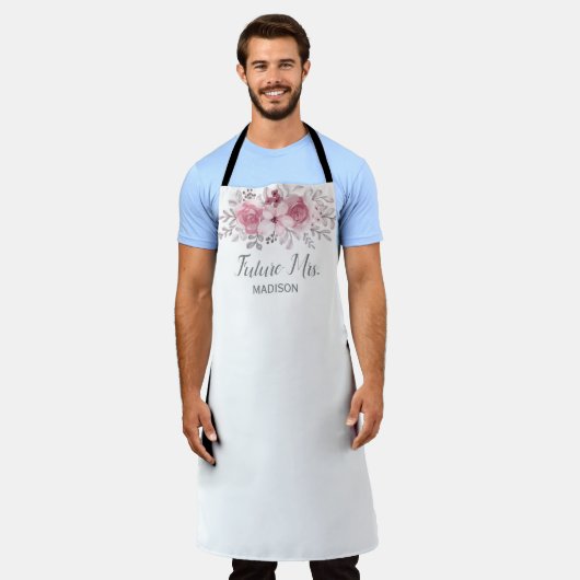 ロマンチックな水の色ピンクの花模様ミスター&ミセス結婚ズ エプロン (着用した状態)