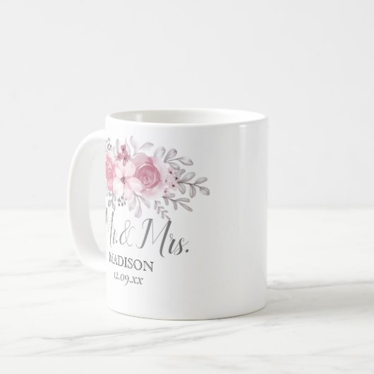 ロマンチックな水の色ピンクの花模様ミスター&ミセス結婚ズ コーヒーマグカップ (正面左)