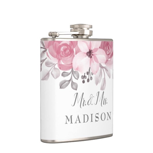 ロマンチックな水の色ピンクの花模様ミスター&ミセス結婚ズ フラスク (右)