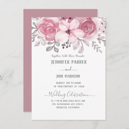 ロマンチックな水の色ピンクの花模様ミスター&ミセス結婚ズ 招待状 (正面/裏面)