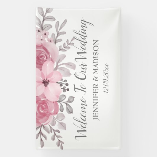 ロマンチックな水の色ピンクの花模様ミスター&ミセス結婚ズ 横断幕 (縦)