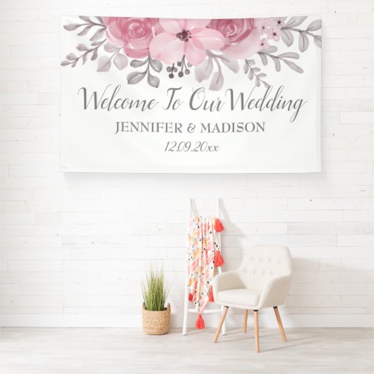 ロマンチックな水の色ピンクの花模様ミスター&ミセス結婚ズ 横断幕 (インサイチュ)