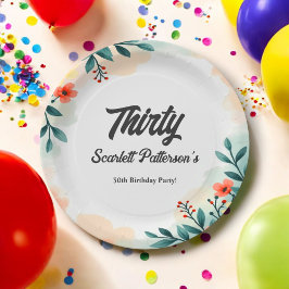 ロマンチックな水の色フローラ夏の30th誕生日 ペーパープレート