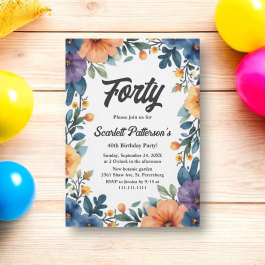 ロマンチックな水の色フローラ夏の40th誕生日 招待状