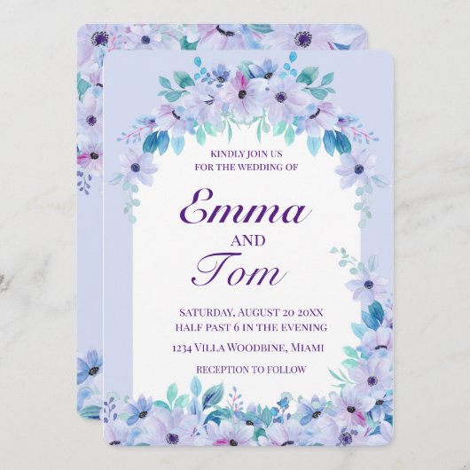 ロマンチックな水の色フローラ紫招待状 セーブザデート (正面/裏面)