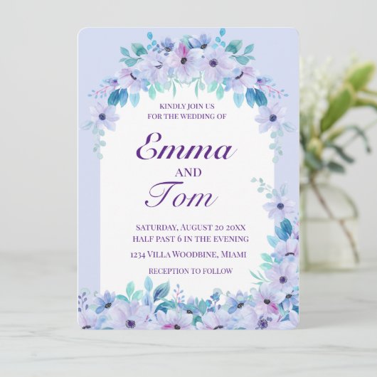 ロマンチックな水の色フローラ紫招待状 セーブザデート (スタンド正面)
