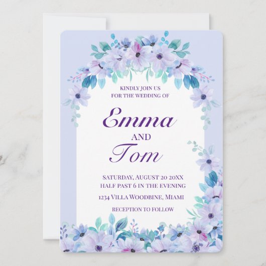 ロマンチックな水の色フローラ紫招待状 セーブザデート (正面)