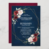 ロマンチックな水の色ブルゴーニュ海軍フローラ幾何学 招待状 (正面/裏面)