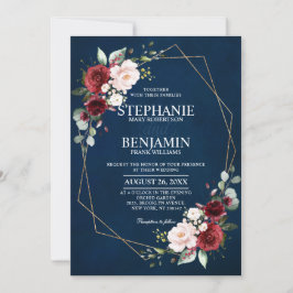 ロマンチックな水の色ブルゴーニュ海軍フローラ幾何学 招待状