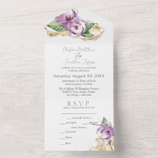 ロマンチックな水の色マグノリア オールインワン招待状 (内側)