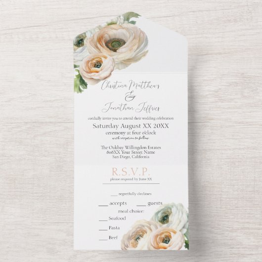 ロマンチックな水の色ランヌカルスインピーチ&アイボリー オールインワン招待状 (内側)