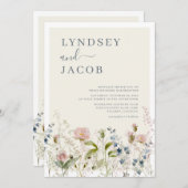 ロマンチックな水の色ワイルドフラワー結婚フローラ 招待状 (正面/裏面)