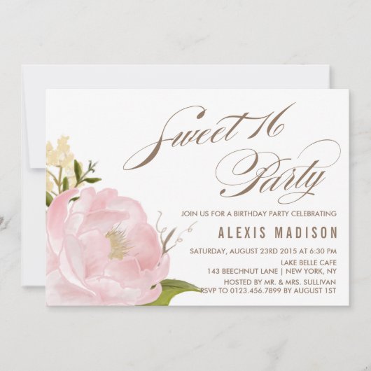 ロマンチックな水の色牡丹の甘い16誕生日パーティー 招待状 (正面)