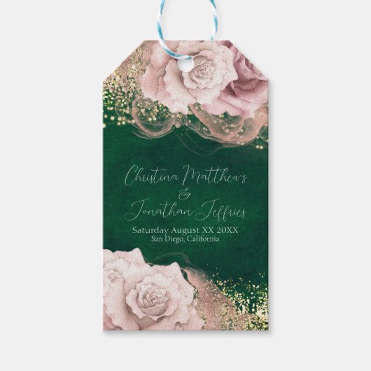 ロマンチックな水の色結婚のバラオンエメラルドグリーン ギフトタグ (正面)