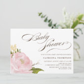 ロマンチックな水の色赤面ピンク牡丹ベビーシャワー 招待状 (スタンド正面)