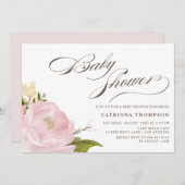 ロマンチックな水の色赤面ピンク牡丹ベビーシャワー 招待状 (正面/裏面)