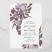 ロマンチックな水カラーフローラアメジスト金ゴールド 箔招待状 (正面)