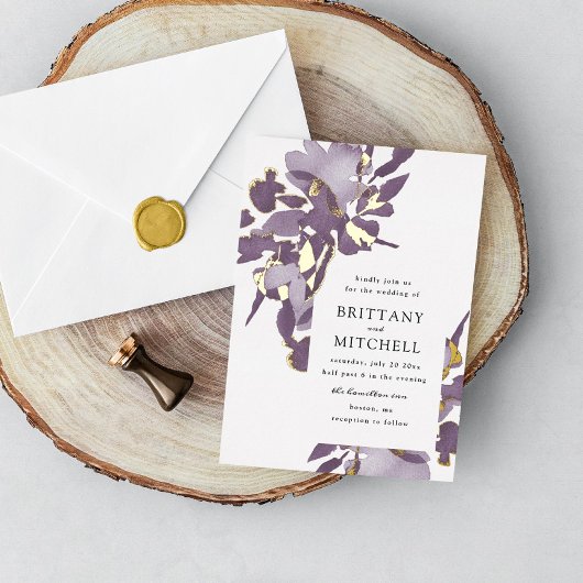 ロマンチックな水カラーフローラアメジスト金ゴールド 箔招待状