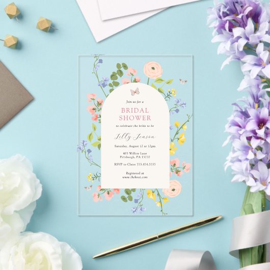 ロマンチックな水カラーフローラブライダルシャワー アクリル招待状 (インサイチュ (ウェディング))