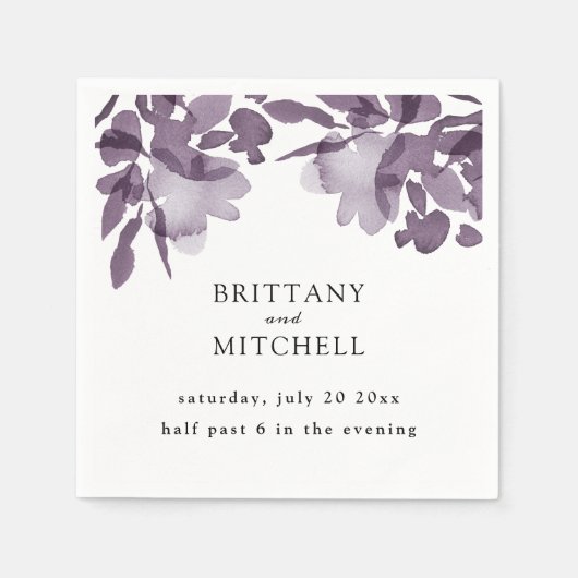 ロマンチックな水カラーフローラ結婚アメジスト スタンダードカクテルナプキン (正面)