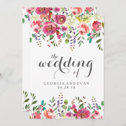 ロマンチックな水カラーフローラ結婚式招待状 招待状 (正面/裏面)