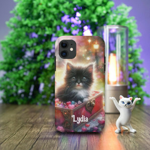 ロマンチックな水彩のタキシード子猫をハート箱に iPhone 11 ケース
