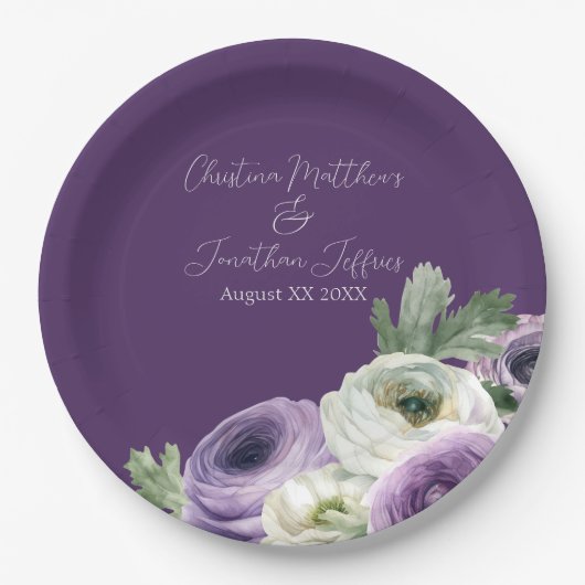 ロマンチックな水彩のラナンキュラス（紫色の背景） ペーパープレート (正面)
