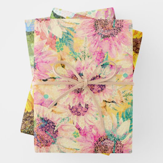 ロマンチックな水彩ひまわり模様 ラッピングペーパーシート (インサイチュ)