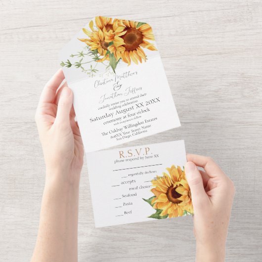 ロマンチックな水彩ひまわり オールインワン招待状 (貼ってはがせる)