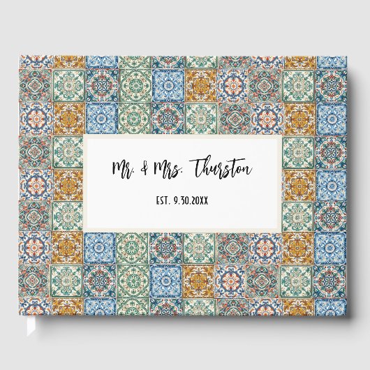 ロマンチックな水彩イタリアン タイル パターン ゲストブック (正面)