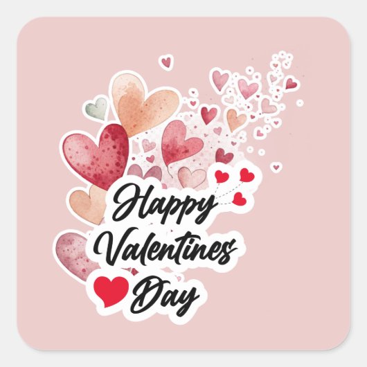 ロマンチックな水彩ハート 「ハッピー バレンタインズ デー」 スクエアシール (正面)