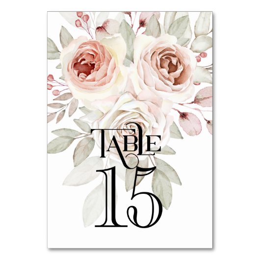 ロマンチックな水彩バラウェディングレセプション テーブルナンバー (正面)