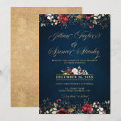 ロマンチックな水彩バーガンディレッドネイビーゴールドフラワーリング 招待状 (正面/裏面)