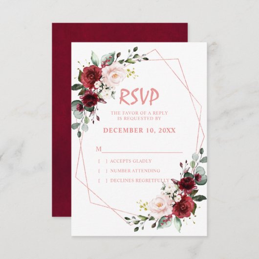 ロマンチックな水彩バーガンディーフラワー幾何学模様のローズ 出欠カード (正面/裏面)