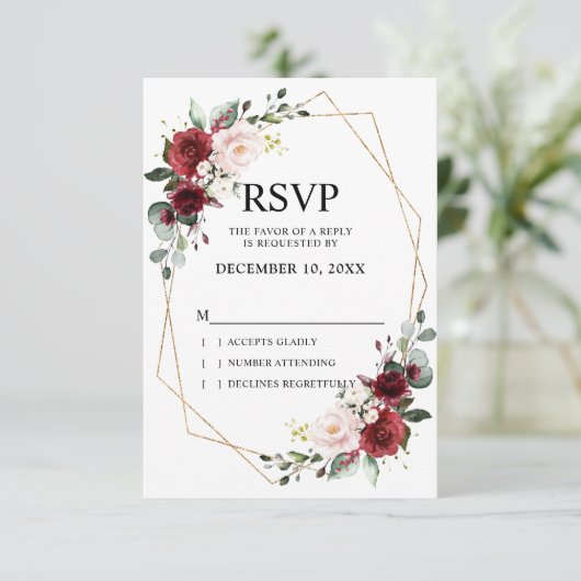 ロマンチックな水彩バーガンディーフラワー幾何学模様 出欠カード (スタンド正面)