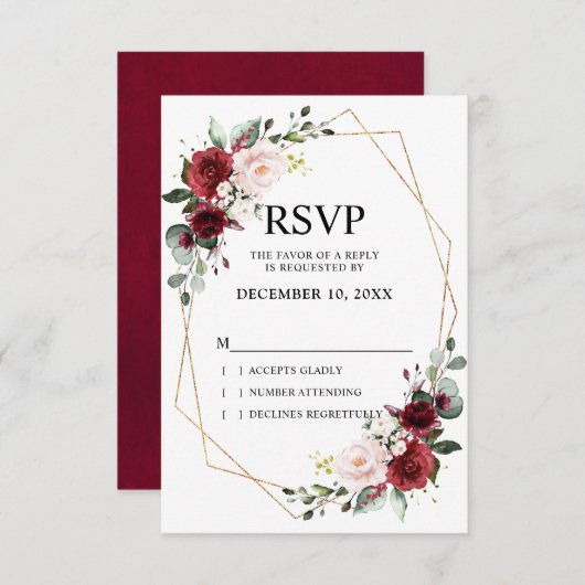 ロマンチックな水彩バーガンディーフラワー幾何学模様 出欠カード (正面/裏面)