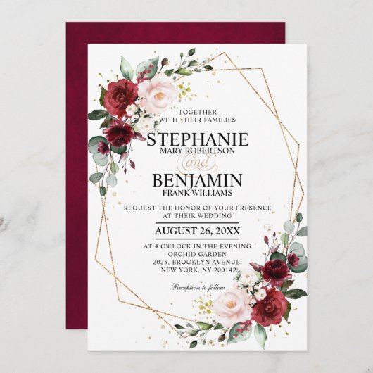 ロマンチックな水彩バーガンディーフラワー幾何学模様 招待状 (正面/裏面)