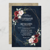 ロマンチックな水彩バーガンディーフラワー幾何学模様 招待状 (正面/裏面)