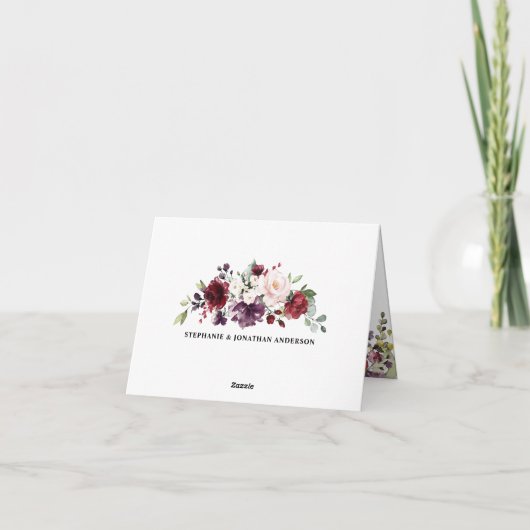 ロマンチックな水彩バーガンディーレッドネイビーローズフラワーリング サンキューカード (裏面)